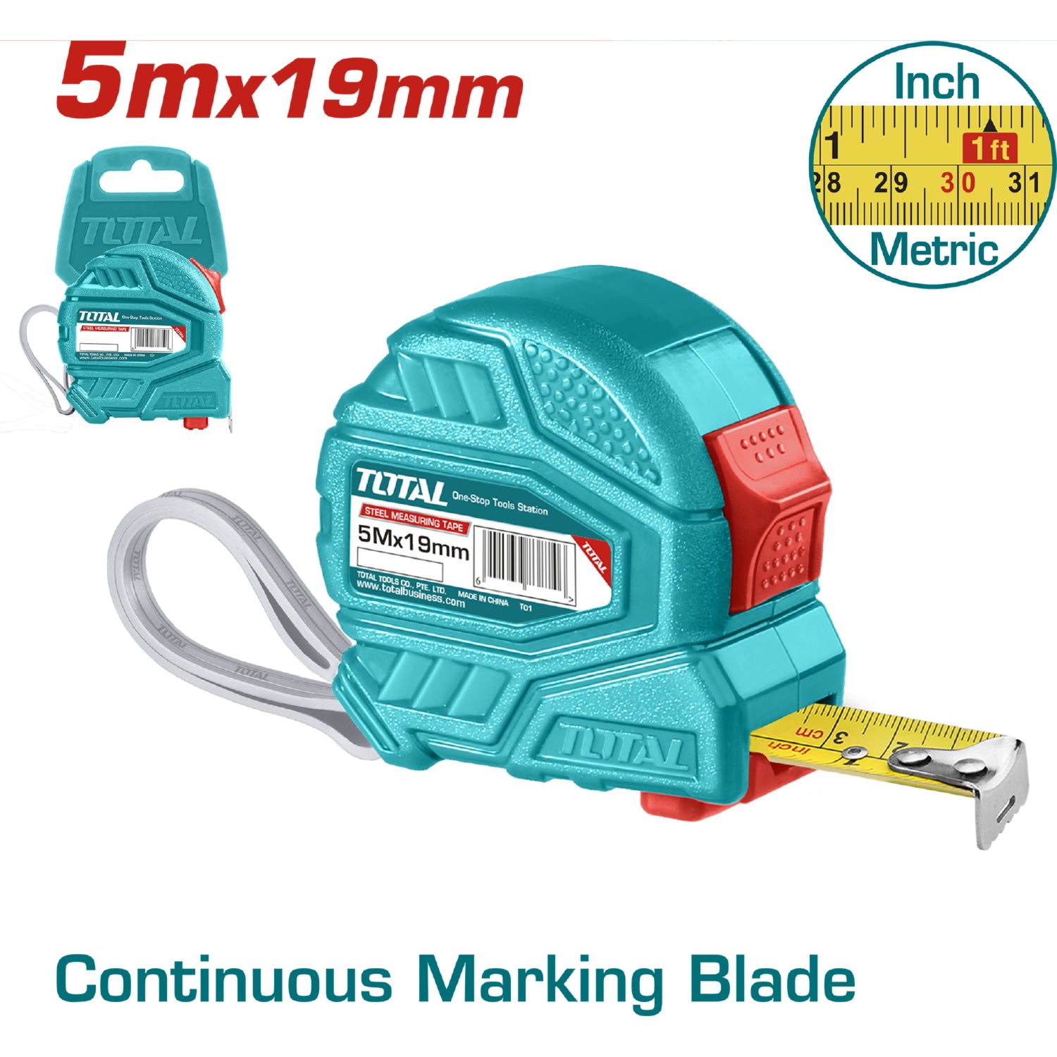 Cinta Métrica de Acero de 5 m. Ancho 19 mm. En Metros y Pulgadas. Doble botón. Material ABS.