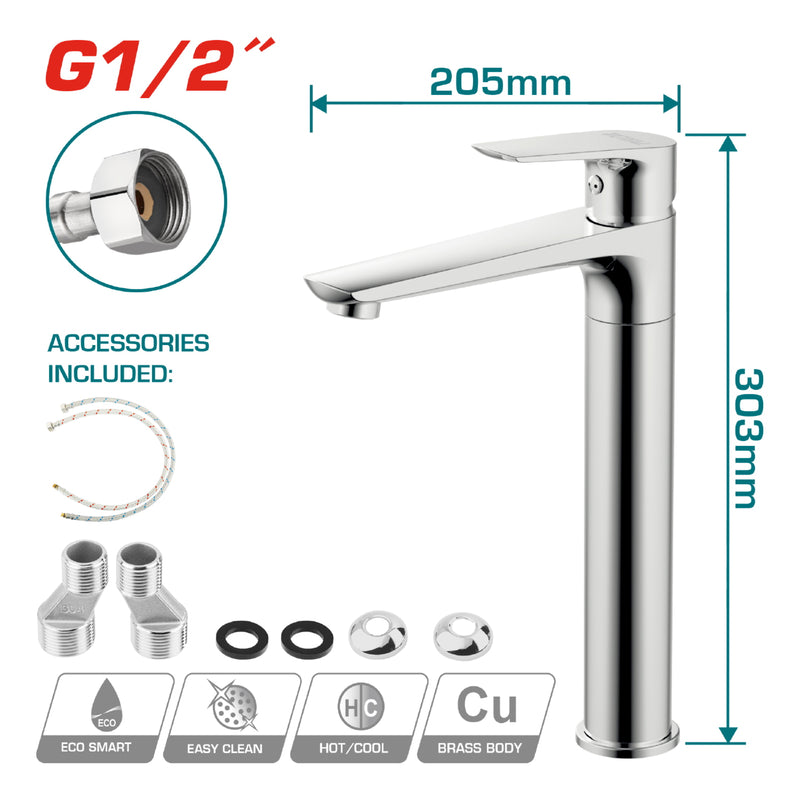 Grifo de Lavamanos con mezclador de 1 mando. Altura del caño: 224 mm. Altura total: 303 mm.