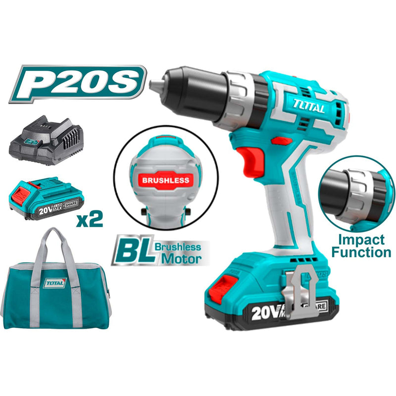 Taladro inalámbrico 20v de impacto 1/2" (SIN CARBONES) 2.0Ah Brushless 2 baterias + cargador