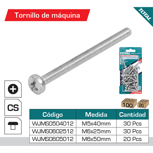 20/pza Tornillo de maquina M6x50mm. Cabeza plana. Galvanizado.