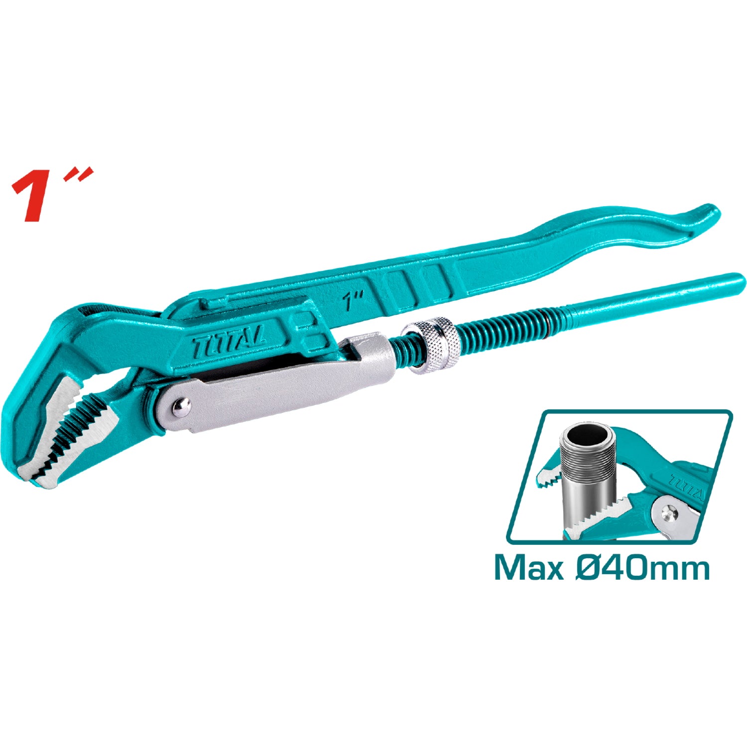 Llave de tubo sueca de trabajo pesado de 45°. Tamaño 1". Diámetro máximo de agarre: 40 mm.