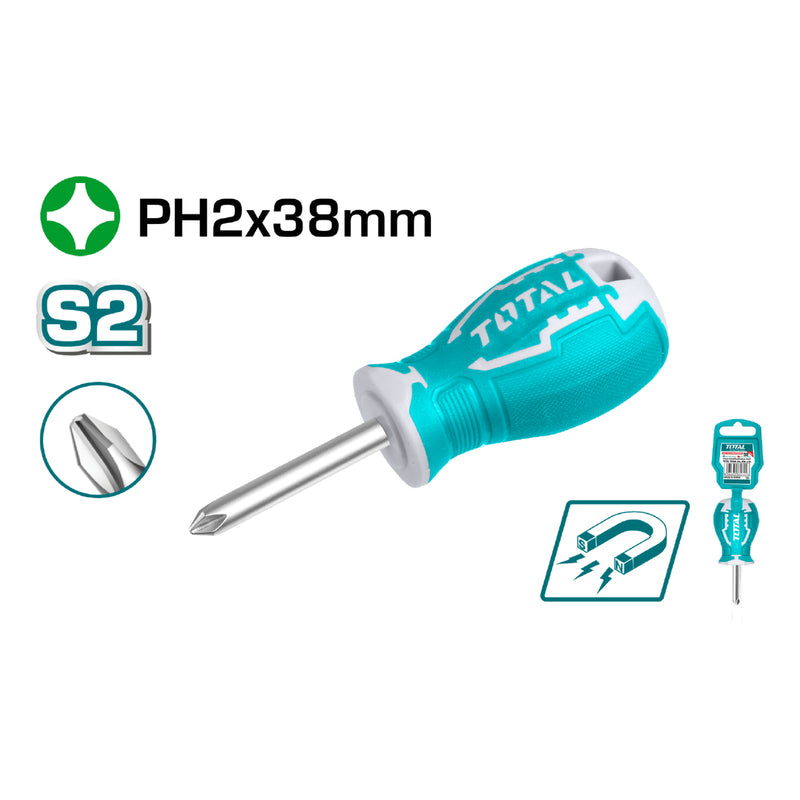 Destornillador corto de estrella. PH2. Diametro: 6mm Largo 38mm.