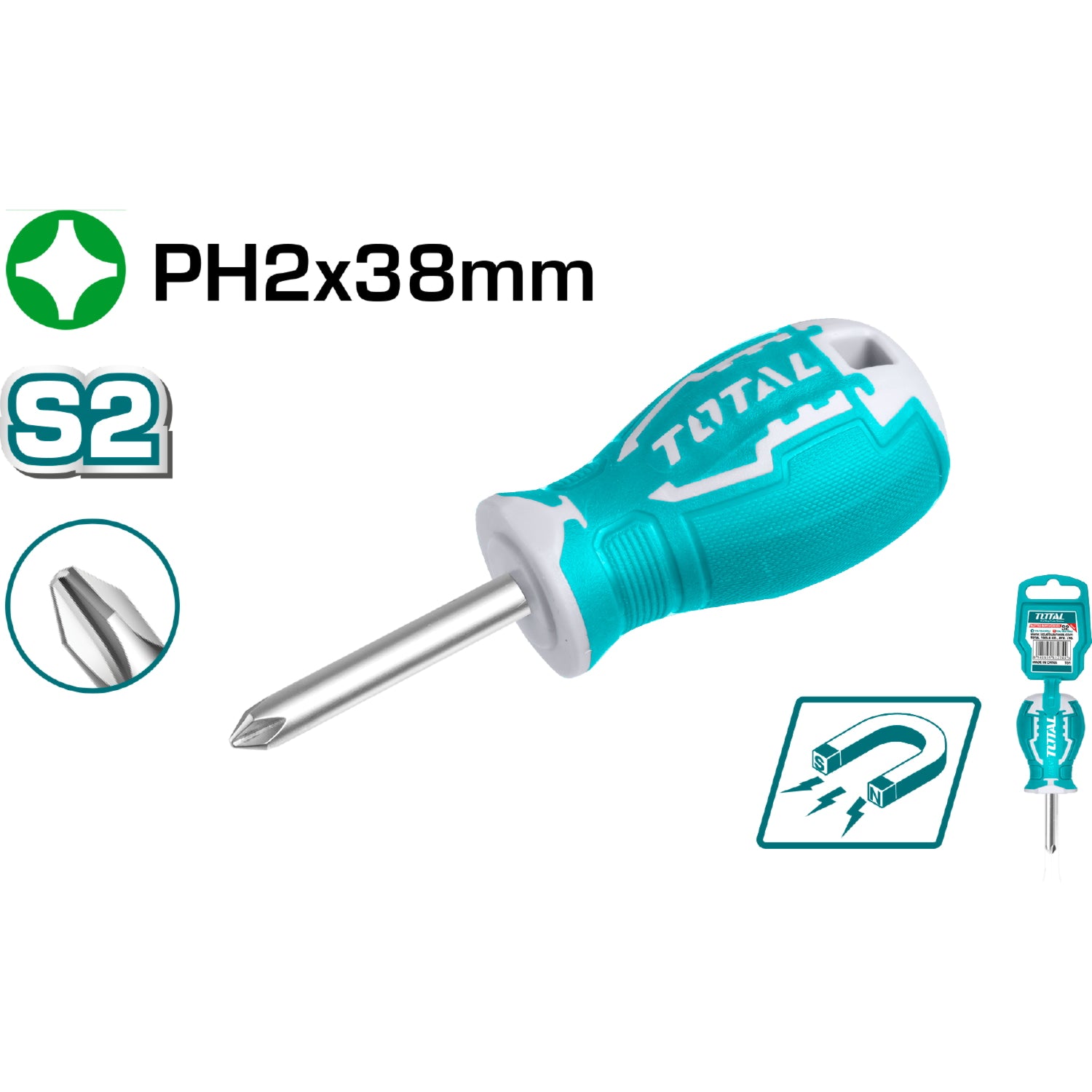 Destornillador corto de estrella. PH2. Diametro: 6mm Largo 38mm.