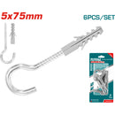 6 pza/ Juego tornillo de gancho  5mm  y taco 8x40 mm. Galvanizado.