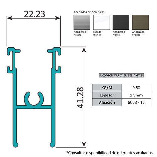 Hoja Inferior y Superior Ventana VC . Espesor 1.52 mm. Largo 5.85 mts. Acabado Anod Silver VC103