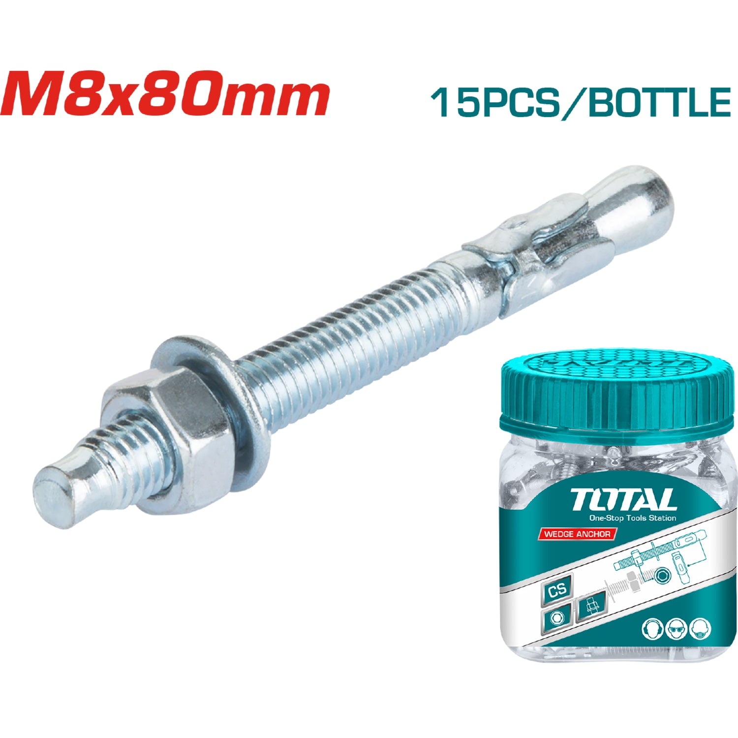 15/pza Taco galv. de cuña M8. Largo 80 mm. Resiste 1300Kg.