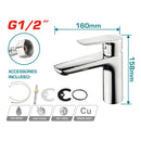 Grifo de Lavamanos mezclador de 1 mando. Altura del caño: 92 mm. Altura total: 158 mm.