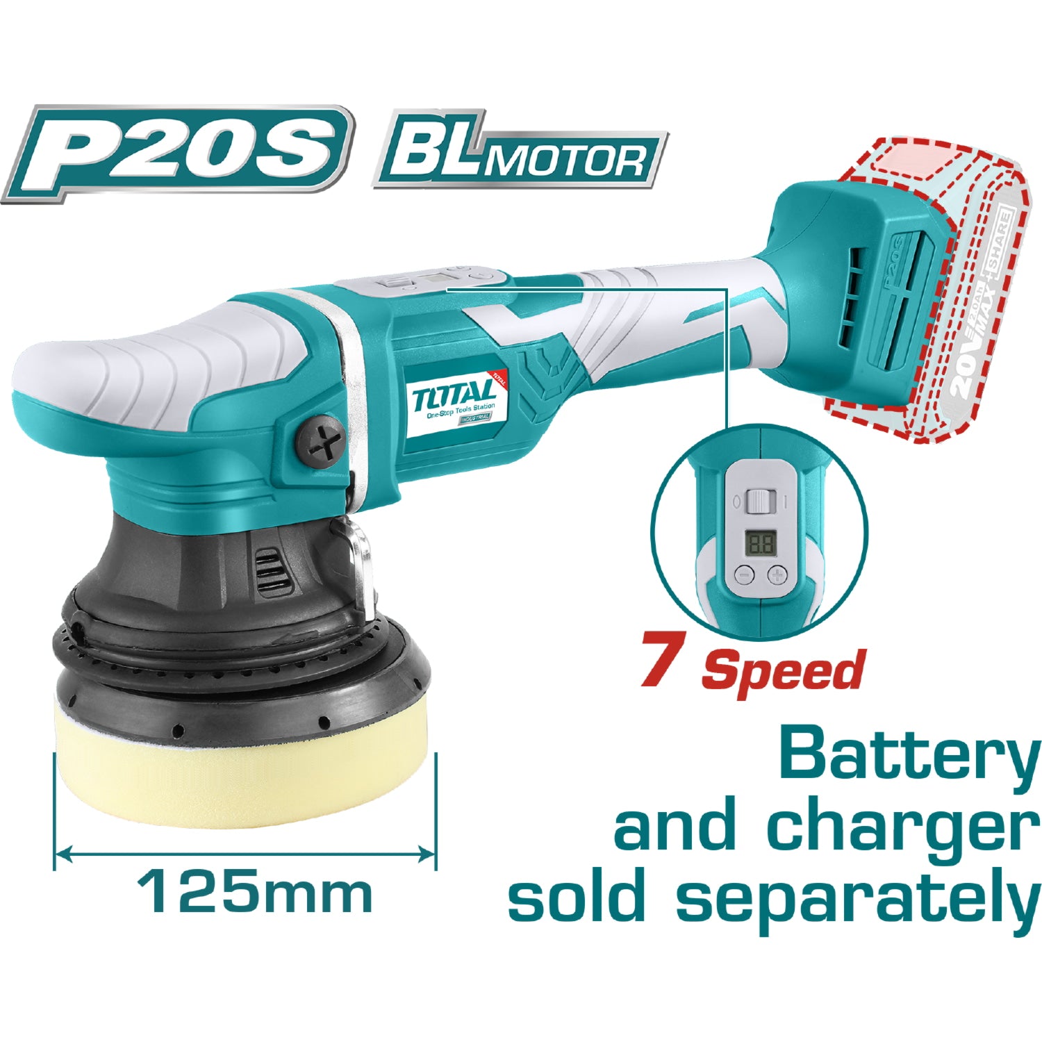 Pulidora Angular Lithium-Ion de 125 mm. 20 V. inalámbrica No incluye batería ni cargador.