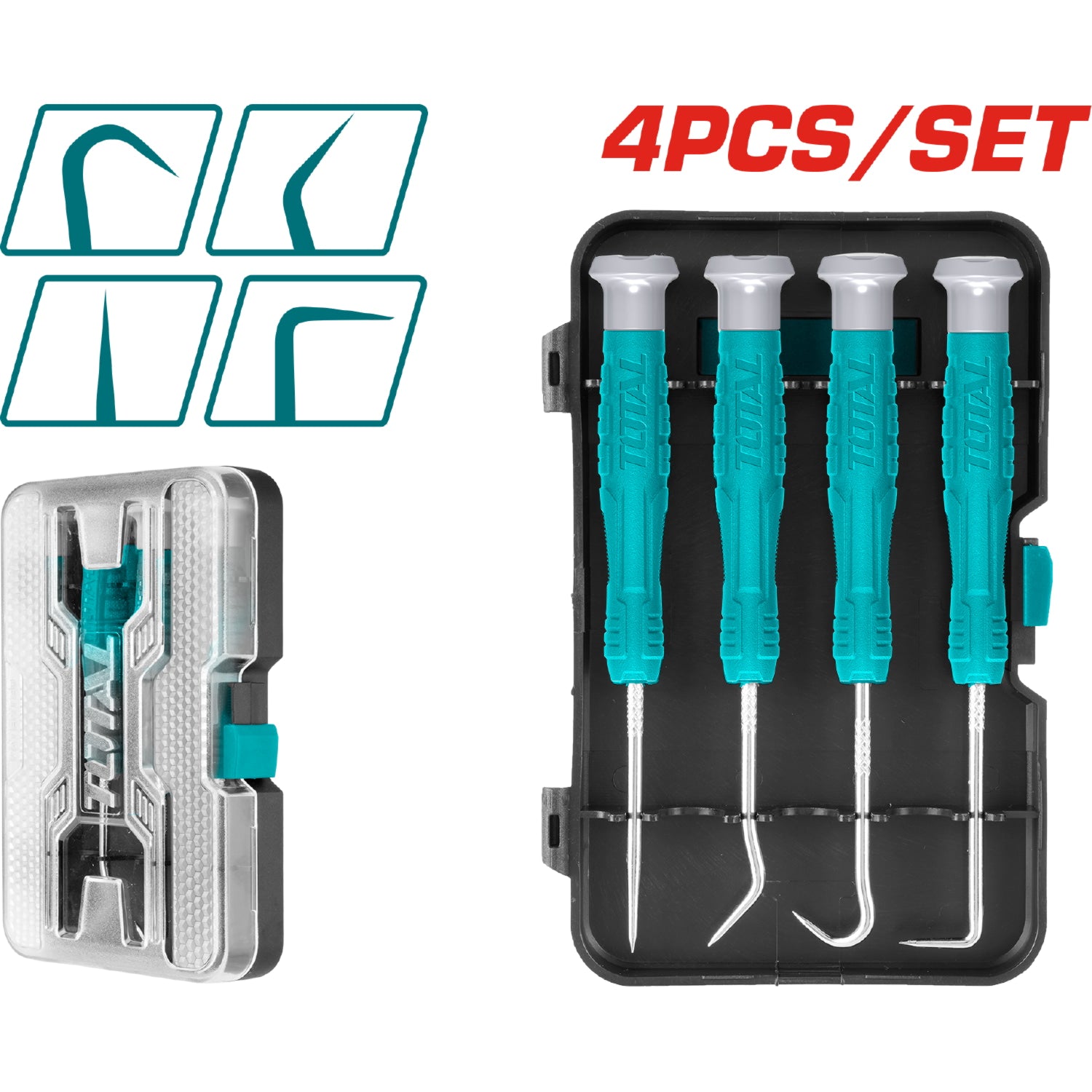 Juego de Picos y Ganchos de 4 piezas. Con Mango ergonomico. 1 Pico recto. 1 Gancho Completo.