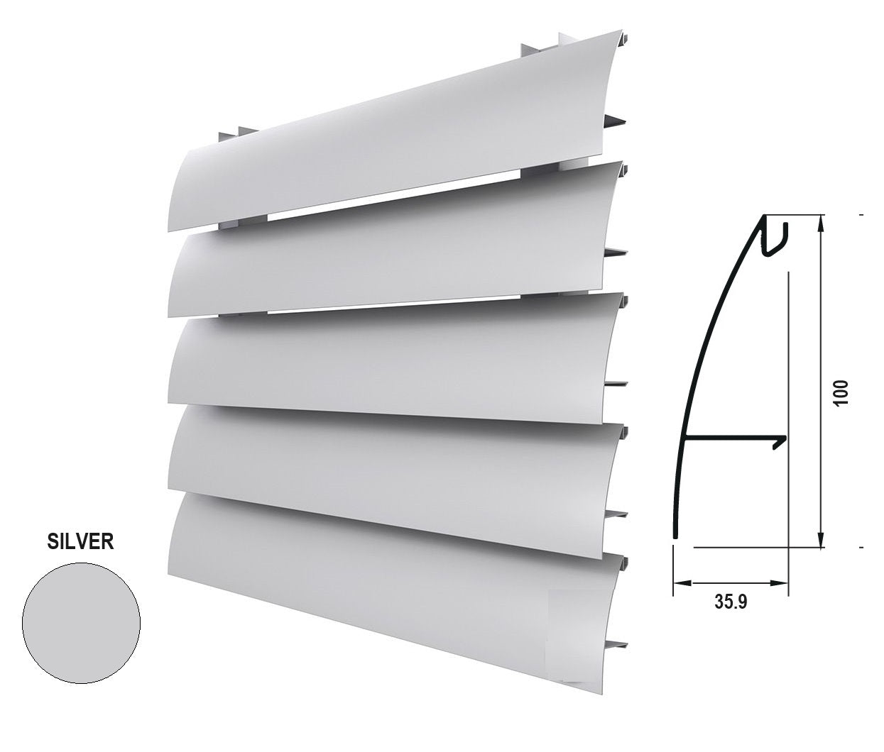 Lama Louver Curva Silver para clipar en marco U127 Ancho 100x35x1mm 5.85m long.