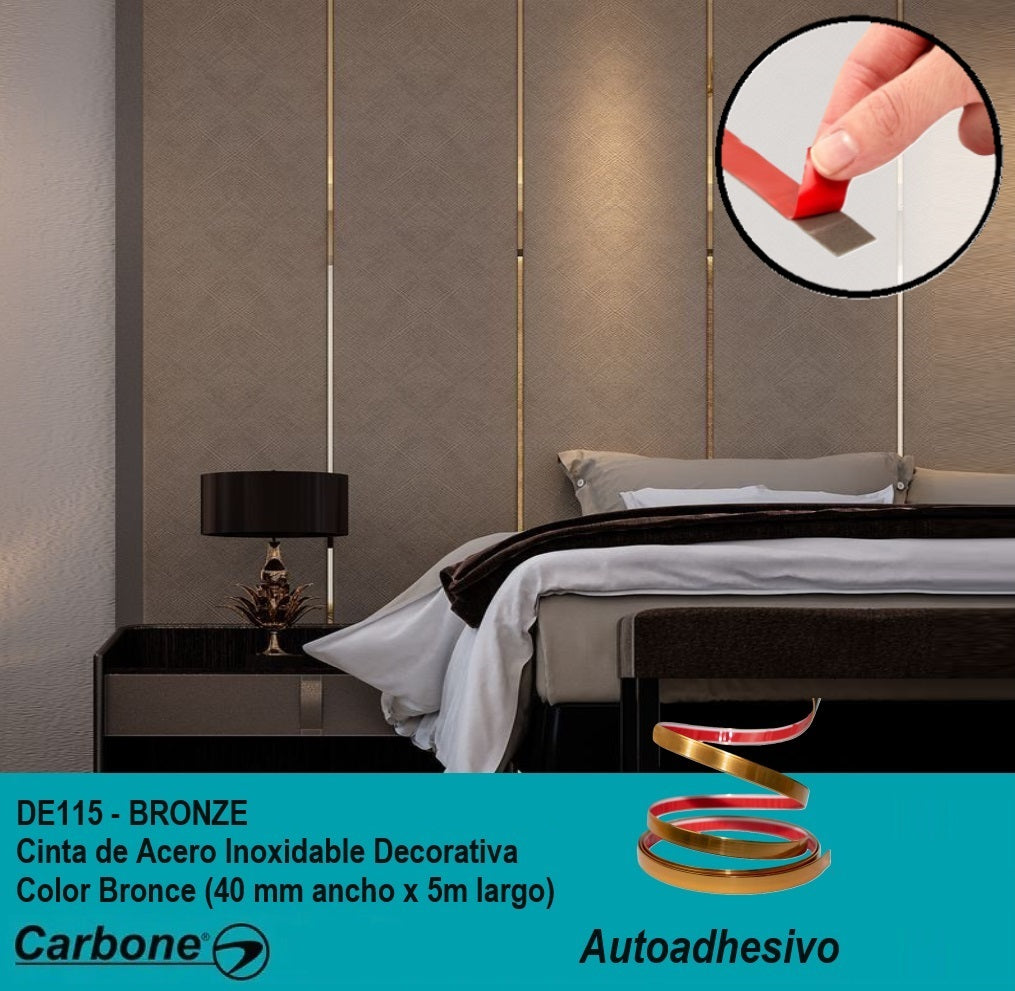 Cinta de acero Inoxidable Bronce brillante Tira Autoadhesiva Decorativa 4cm x 5m largo para marmol PCV