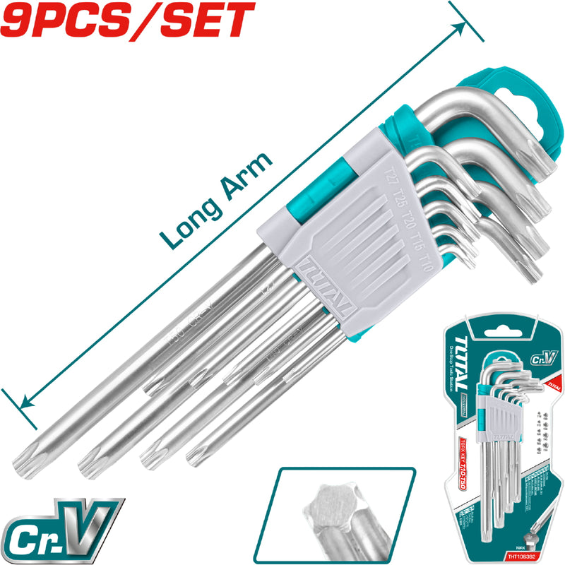 Juego de llaves Torx de brazo largo de 9 piezas. Medidas: T10-T50. Material: Cr-V,