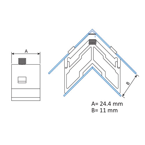 Escuadra de teton fijo de 24.4 x11mm para marco de serie perimetral de 60 mm.