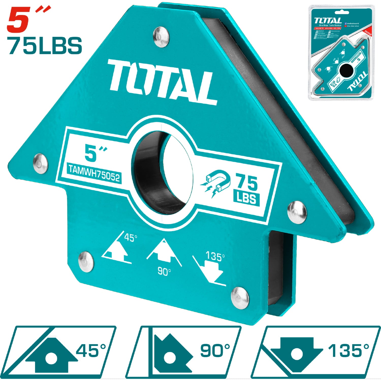 Soporte de Soldadura Escuadra Magnetica de 5". Fuerza de Traccion 75 Lbs. Angulos 45°, 90°, 135°,