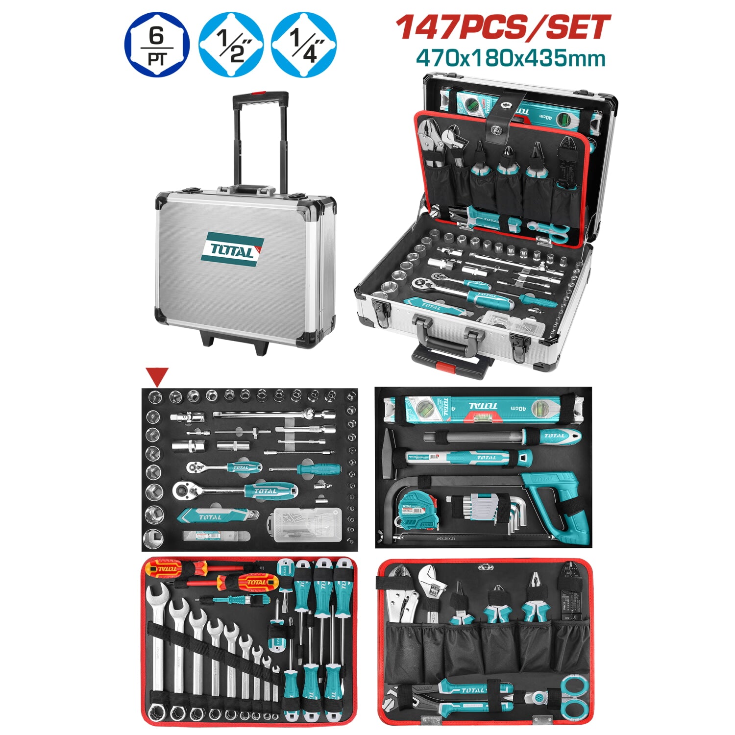 Juego de herramientas de 147 piezas en maletín de aluminio.