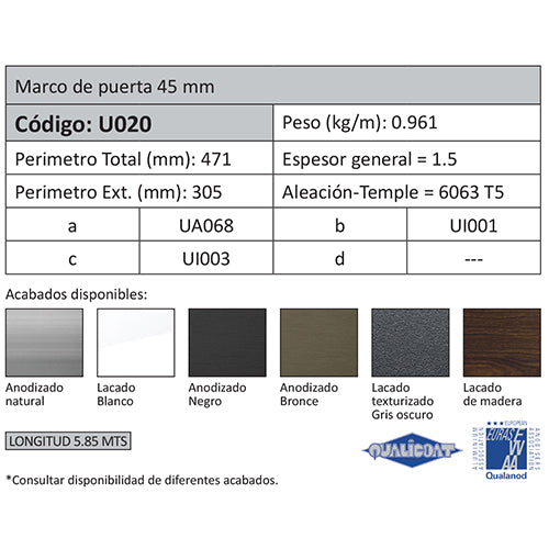 Perfil Marco Fijo Puerta 45mm. Espesor 1.5 mm. Largo 5.85 mts. Acabado Anodizado Silver 15 Micron.