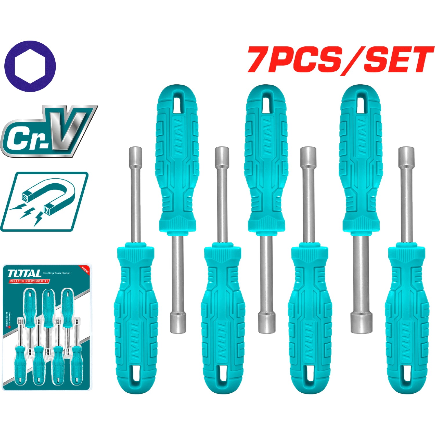 Juego de destornilladores de tuerca de 7 piezas. Con Mango ergonomico. Longitud: 175mm.