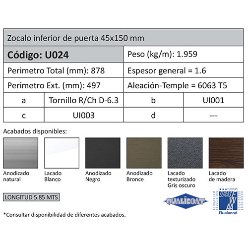 Zocalo Inferior Puerta. Espesor 1.6 mm. Largo 5.85 mts. Acabado Anodizado Negro 15 Micron. (D3-P1-A1