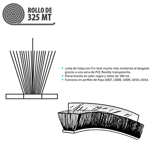 Felpa color negro para ventanas y puertas. Con Fin-Seal. Altura 6 mm. Se vende en Rollo de 350 mts.
