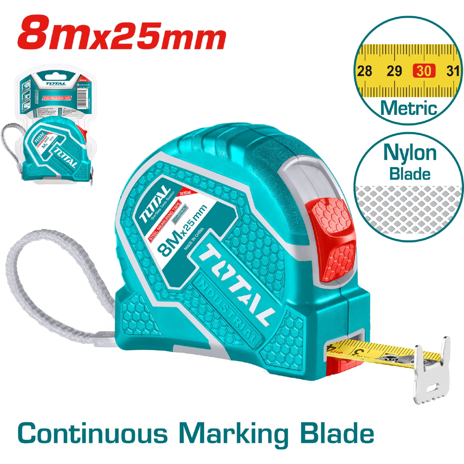 Cinta Métrica de diseño único de navaja de nylon de 8mX25mm. Metros.