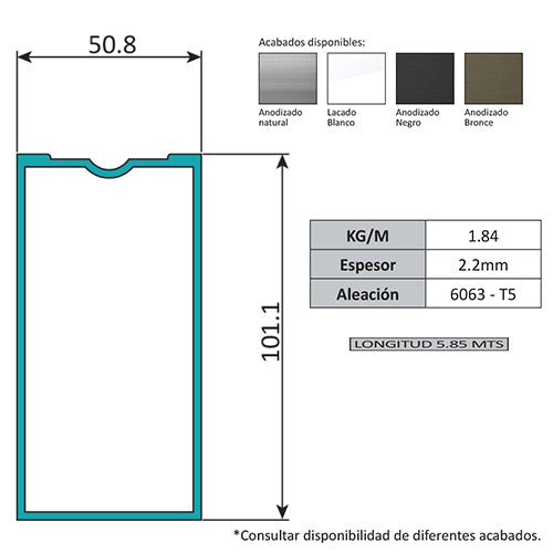 Vertical Muro Cortina Perfil Oculto. Espesor 2.2 mm. Largo 5.85 mts. Acabado Anodizado Negro 15 Micr