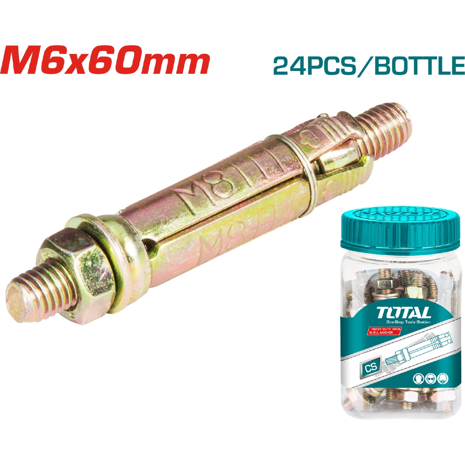 24/pza Taco galv de 4 pcs carcasa heavy duty M6x60. Diam. Externo 10 mm. Largo carcasa 40 mm.