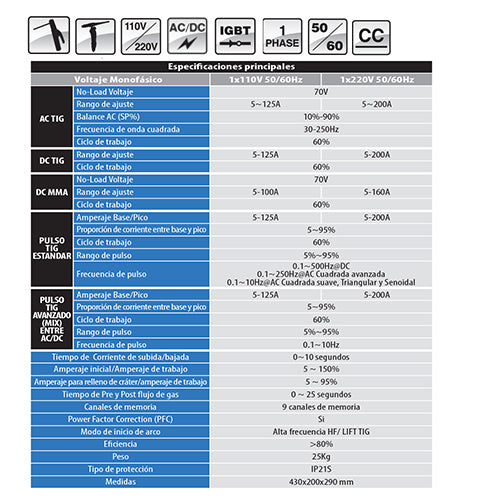 Maquina de soldar TIG AC/DC de PULSO alta frecuencia 110/220V DIGI-TIG 200ACDC