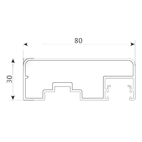 Perfil corremano superior 30x80 mm.  5.8 mts. Acabado inox light.
