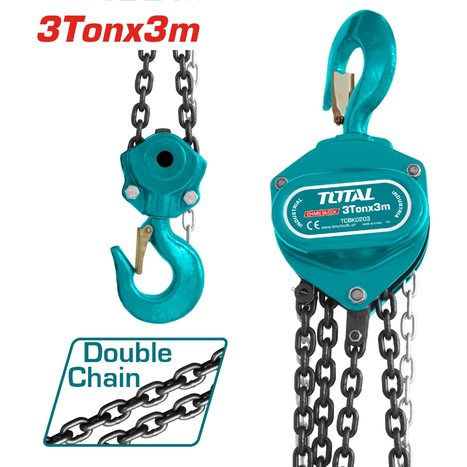 Tecle de cadena 3 ton. Altura máx. 3m. de doble cadena. Con gancho de 562mm. Peso de carga 385N.
