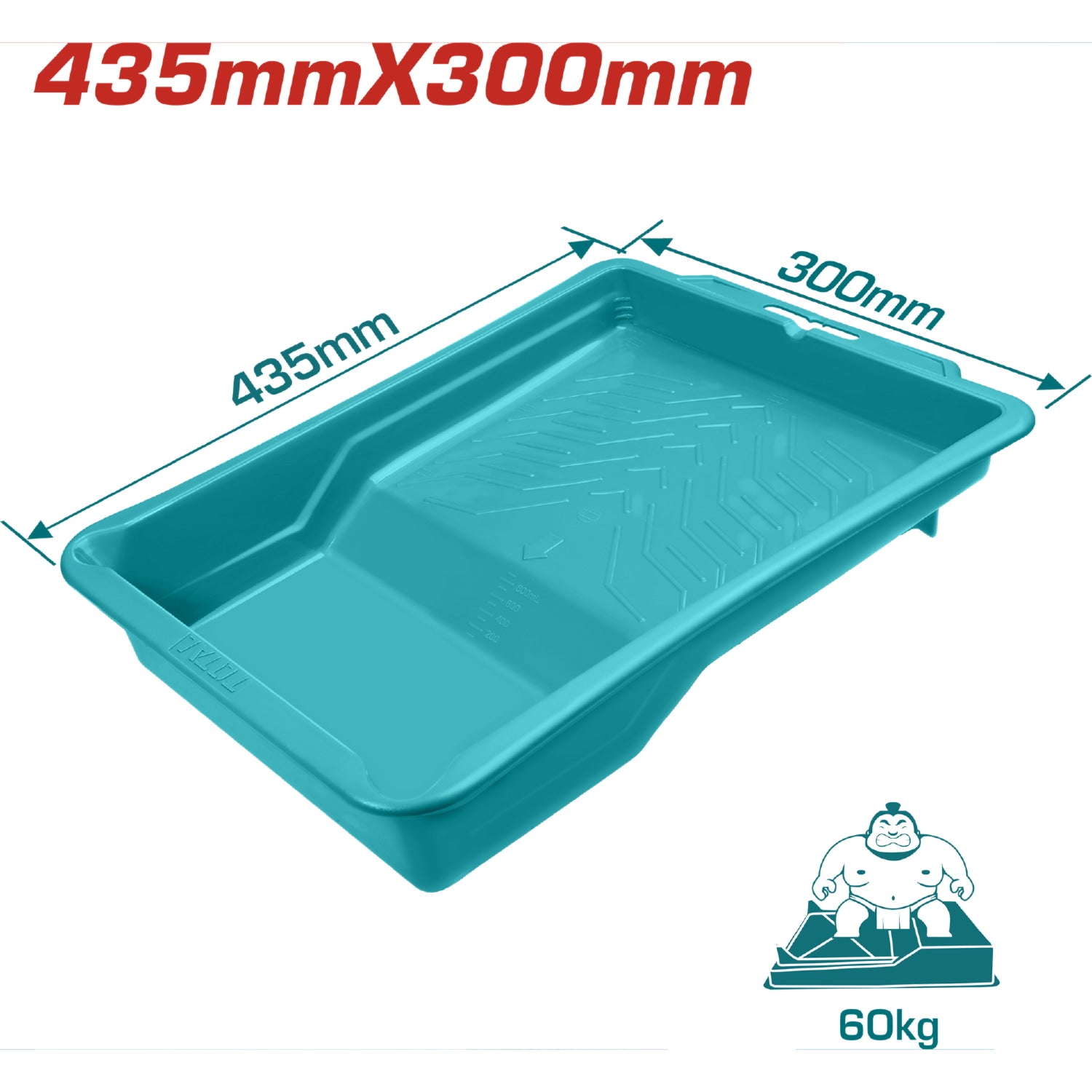 Bandeja para pintar. 435 x 300 x 75 mm. Peso 395 gr. Con marca de Volumen. Diseño especial.