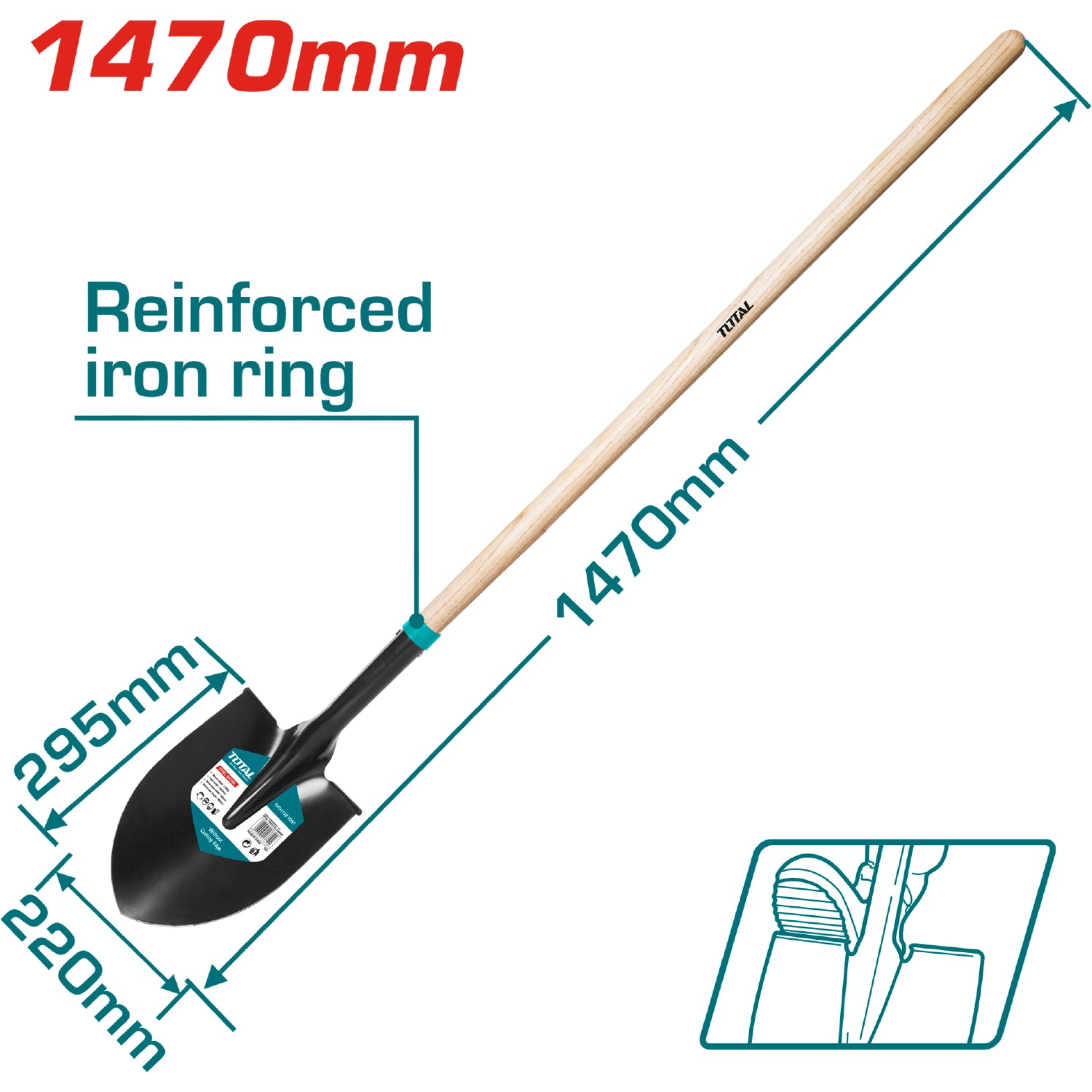 Pala de punta larga de 1450 mm con cabeza de 290x215 mm mango de madera