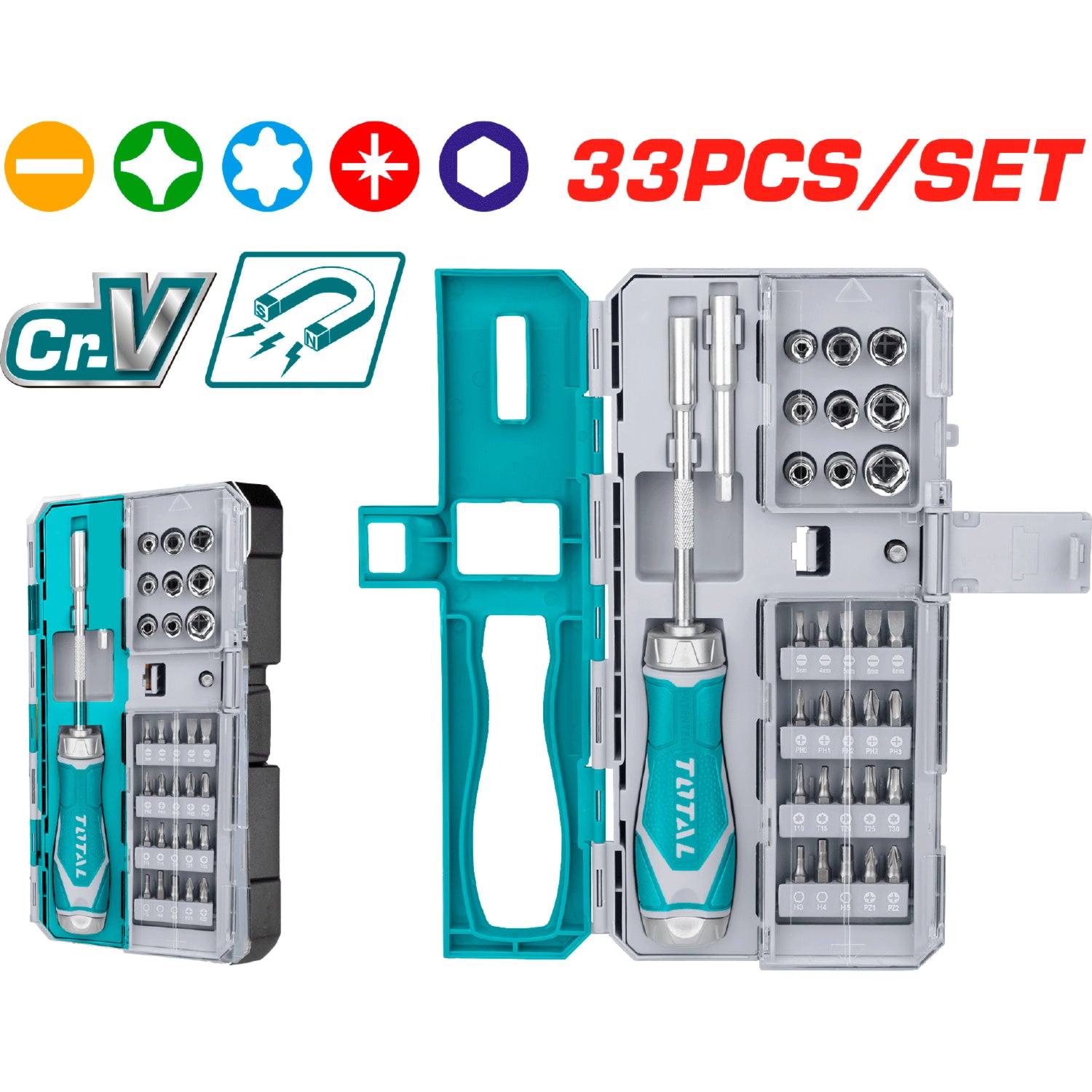 Juego de Destornillador de Ratchet de 33 piezas. CR-V. Cromo Vanadio