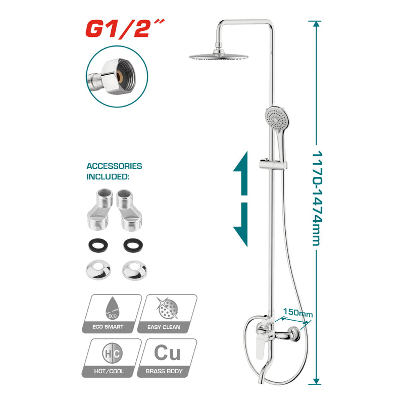 Ducha REGADERA de pared columna Bañera con mezclador de 1 mando. Tamaño del grifo: 150 x 192 mm