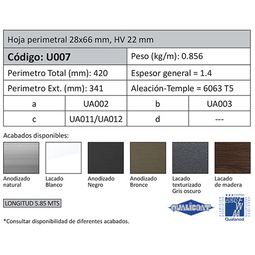 Perfil Hoja Perimetral de 28x66 HV 22 mm. Espesor 1.4 mm. Largo 5.85 mts. Acabado Lacado Blanco.