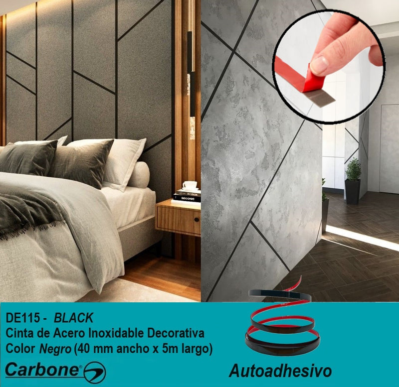 Cinta de acero Inoxidable Negro brillante Tira Autoadhesiva Decorativa 4cm x 5m largo para marmol  PVC